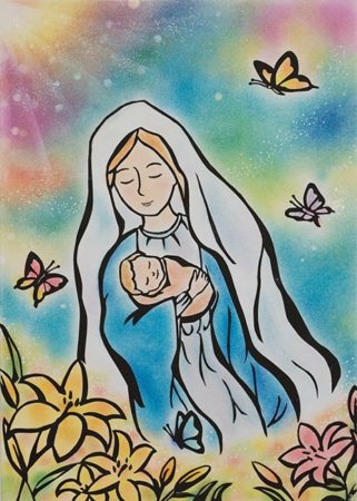 <b>愛と光　〜聖母マリア〜 / パステル・紙 / 2018年</b><br>
平和について考えるとき<br>
全ての子どもたちに心を合わせましょう<br>
愛と光全てをお持ちになる未来の宝です。