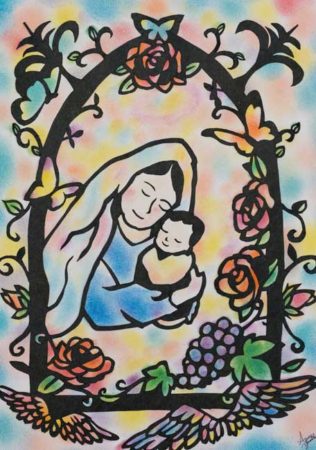 <b>喜びの窓　〜聖母マリア〜 / パステル・紙 / 297×210 / 2019年</b><br>
子供を想う母親の心は世界中皆一つ。<br>
どの子も世界の光である。<br>
そう想い、喜びと共に描きました。